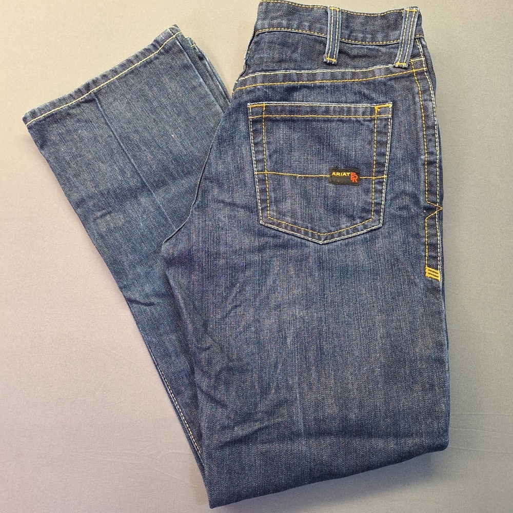 Ariat Work FR M2 Low Rise Boot Cut Jeans Mens 34x32 Blue FR Cowboy Rodeo Welder